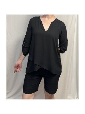 Karen Kane Black Roll-Tab Sleeve Layered Crossover Blouse (S)